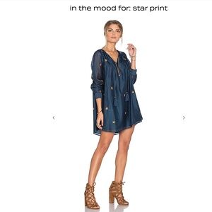 TULAROSA NAVY & EMBROIDERED GOLD STAR cotton/silk MINI DRESS